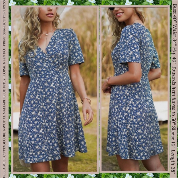 COTTAGECORE NWOT XL DRESS MALLARD BLUE DITSY FLORAL & PIN DOT PRINT SURPLICE-TOP - Picture 1 of 12